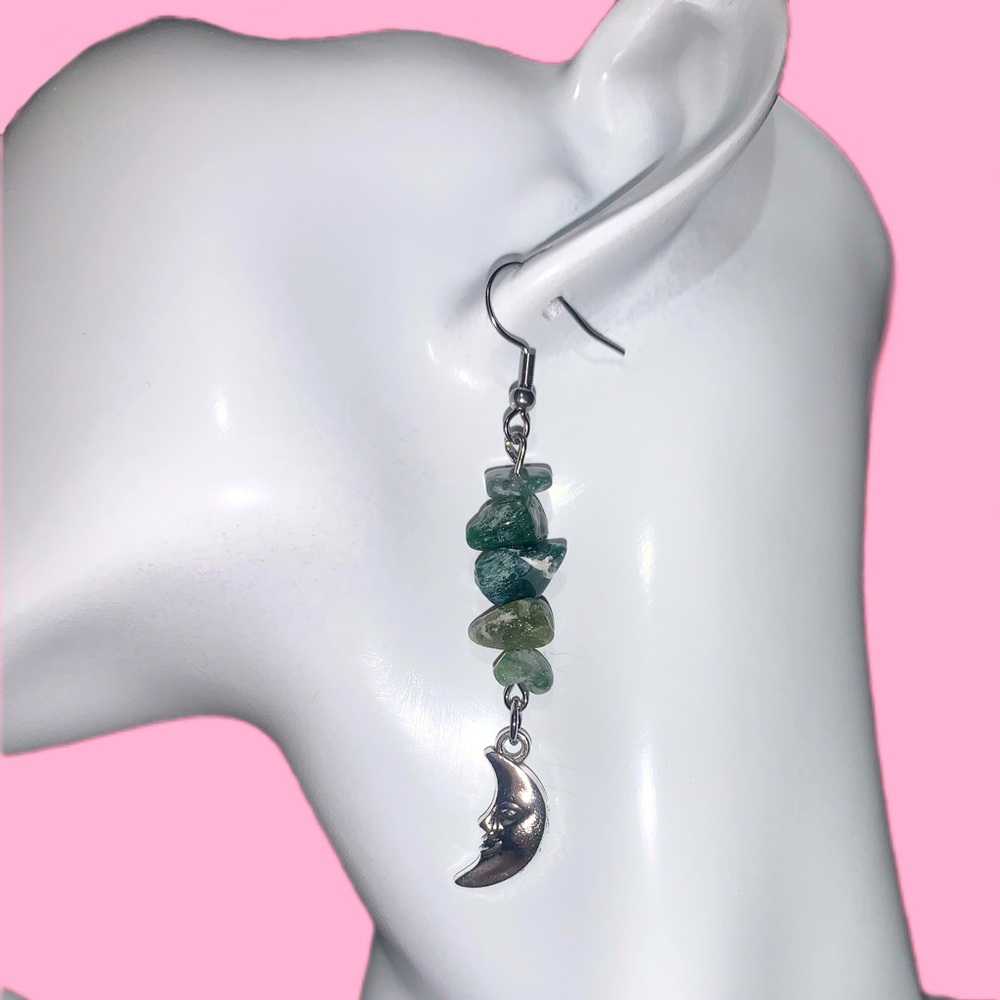 Green Crystal Moon Dangle Earrings